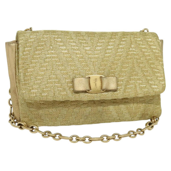 Salvatore Ferragamo Vala Chain Shoulder Bag Leather Gold Auth BA2630