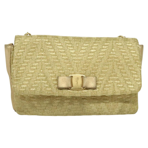 Salvatore Ferragamo Vala Chain Shoulder Bag Leather Gold Auth BA2630