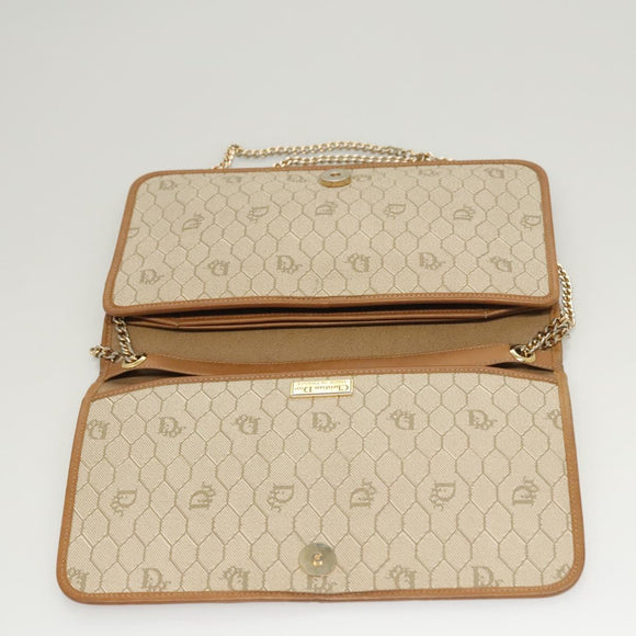 Christian Dior Honeycomb Canvas Chain Shoulder Bag PVC Beige Gold Auth BA2632