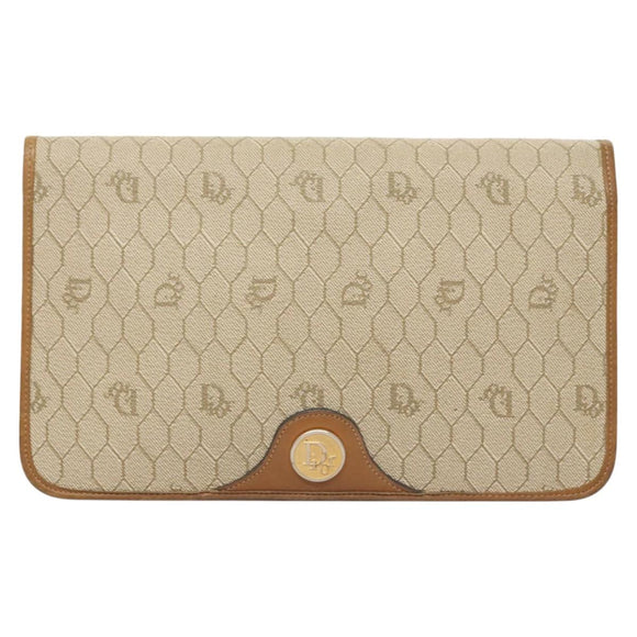 Christian Dior Honeycomb Canvas Chain Shoulder Bag PVC Beige Gold Auth BA2632