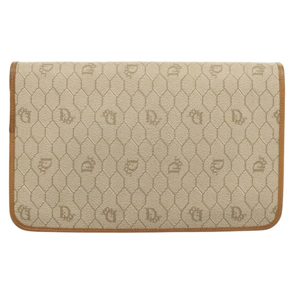 Christian Dior Honeycomb Canvas Chain Shoulder Bag PVC Beige Gold Auth BA2632