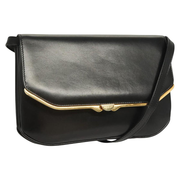 BALLY Shoulder Bag Leather Black Gold Auth BA2643