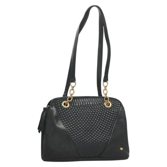 BALLY Quilted Chain Shoulder Bag Leather Navy Gold Auth BA2658