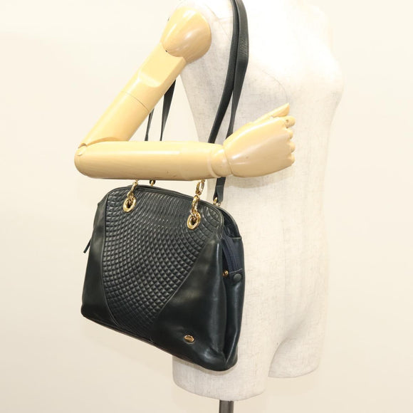 BALLY Quilted Chain Shoulder Bag Leather Navy Gold Auth BA2658