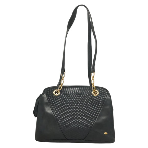BALLY Quilted Chain Shoulder Bag Leather Navy Gold Auth BA2658