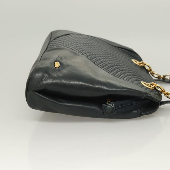 BALLY Quilted Chain Shoulder Bag Leather Navy Gold Auth BA2658
