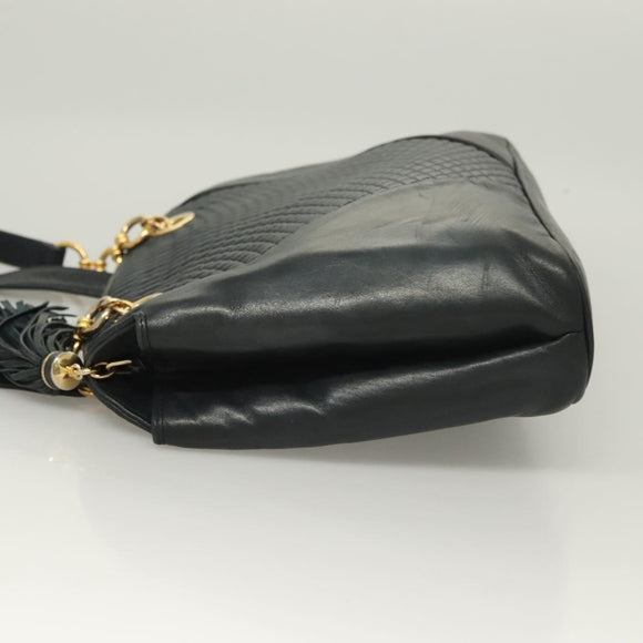 BALLY Quilted Chain Shoulder Bag Leather Navy Gold Auth BA2658