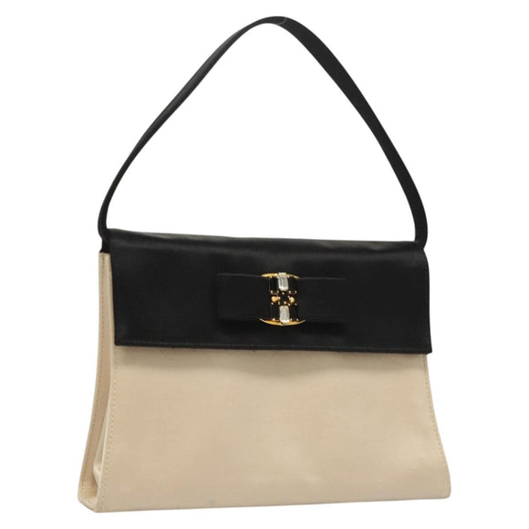 Salvatore Ferragamo Vala Hand Bag Satin Beige Gold Auth BA2675