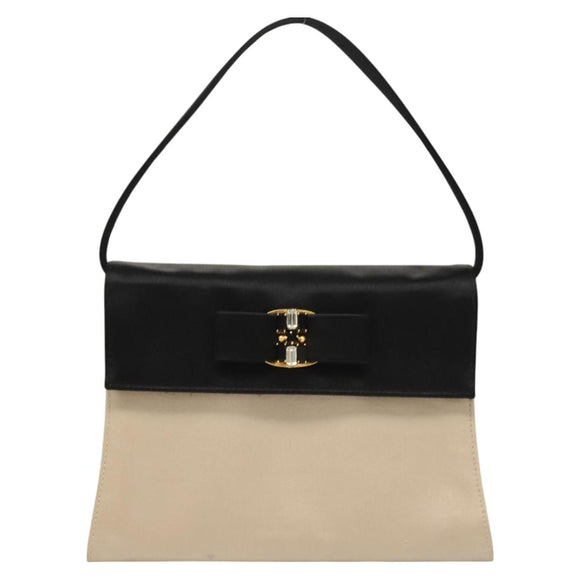 Salvatore Ferragamo Vala Hand Bag Satin Beige Gold Auth BA2675