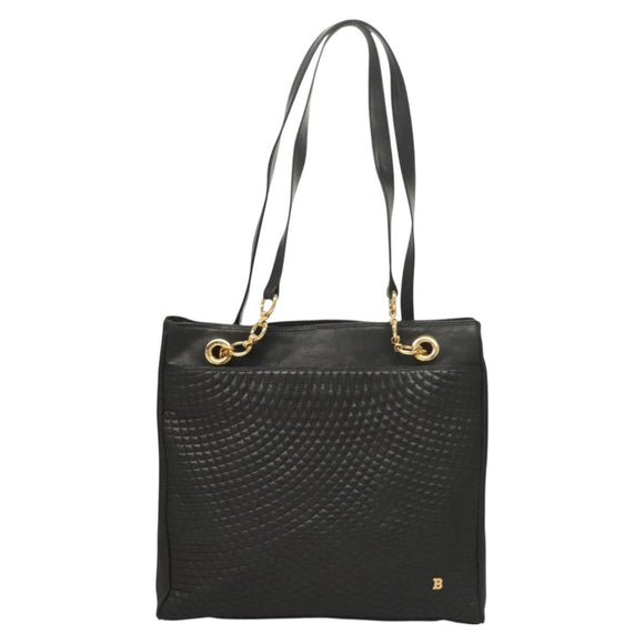 BALLY Quilted Tote Bag Leather Black Gold Auth BA2680