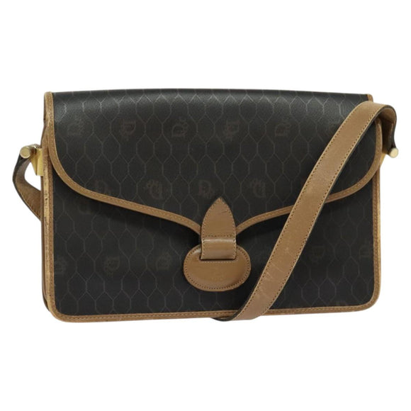 Christian Dior Honeycomb Canvas Shoulder Bag PVC Brown Gold Auth BA2701