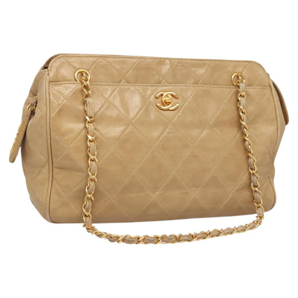 CHANEL Matelasse Chain Shoulder Bag Lamb Skin Beige Gold CC Auth BA2702