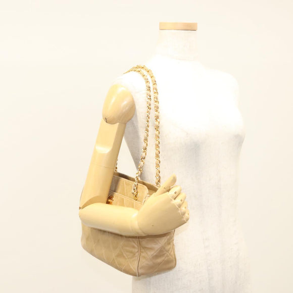 CHANEL Matelasse Chain Shoulder Bag Lamb Skin Beige Gold CC Auth BA2702