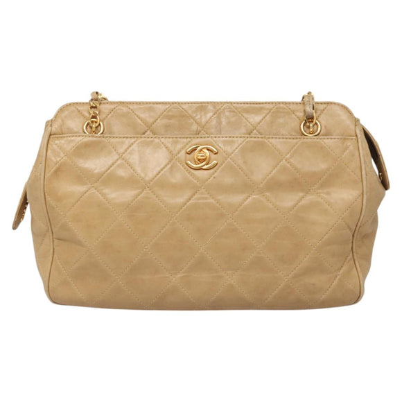 CHANEL Matelasse Chain Shoulder Bag Lamb Skin Beige Gold CC Auth BA2702