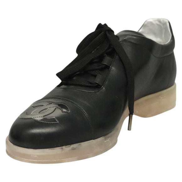 CHANEL Sneakers Lamb Skin 39 Black CC Auth BA2712