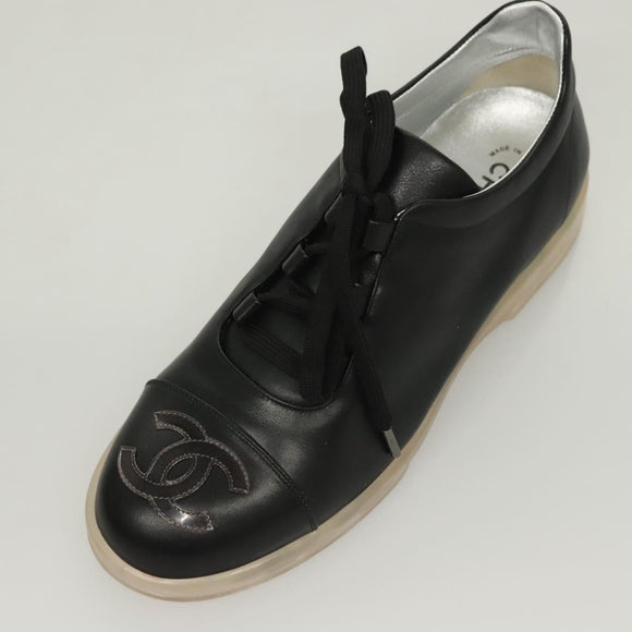 CHANEL Sneakers Lamb Skin 39 Black CC Auth BA2712