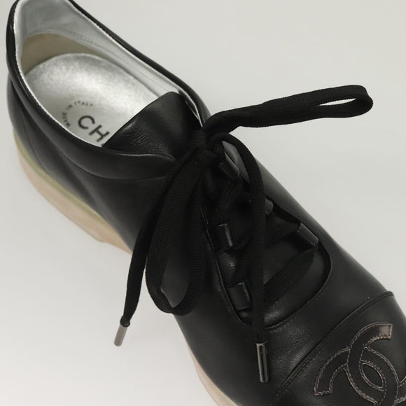 CHANEL Sneakers Lamb Skin 39 Black CC Auth BA2712