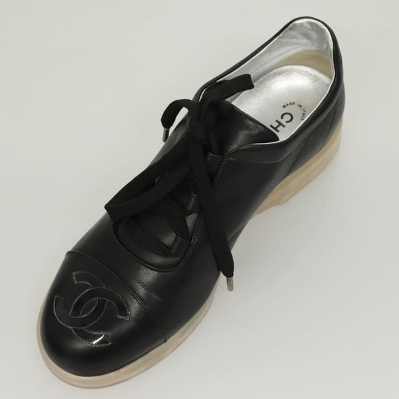 CHANEL Sneakers Lamb Skin 39 Black CC Auth BA2712