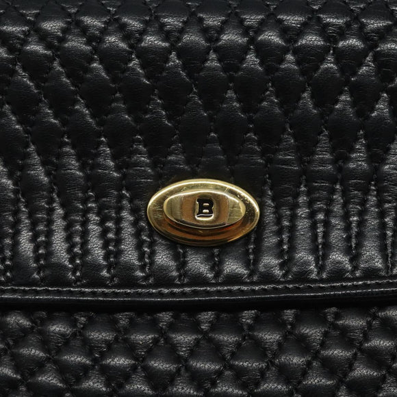 BALLY Quilted Hand Bag Leather Black Gold Auth BA2725