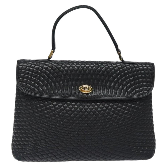 BALLY Quilted Hand Bag Leather Black Gold Auth BA2725