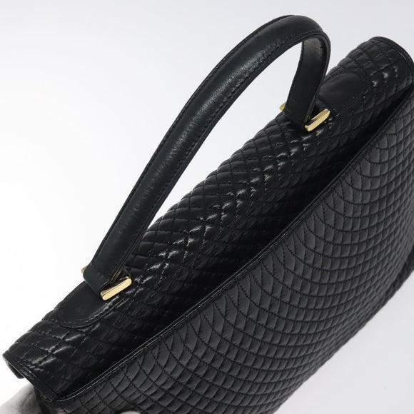 BALLY Quilted Hand Bag Leather Black Gold Auth BA2725