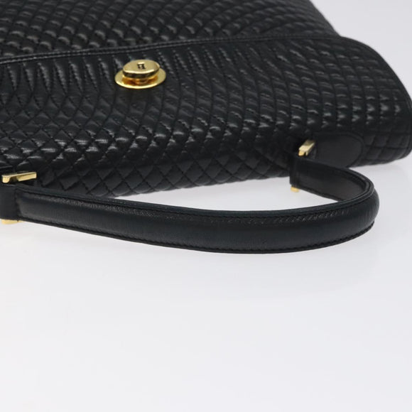 BALLY Quilted Hand Bag Leather Black Gold Auth BA2725