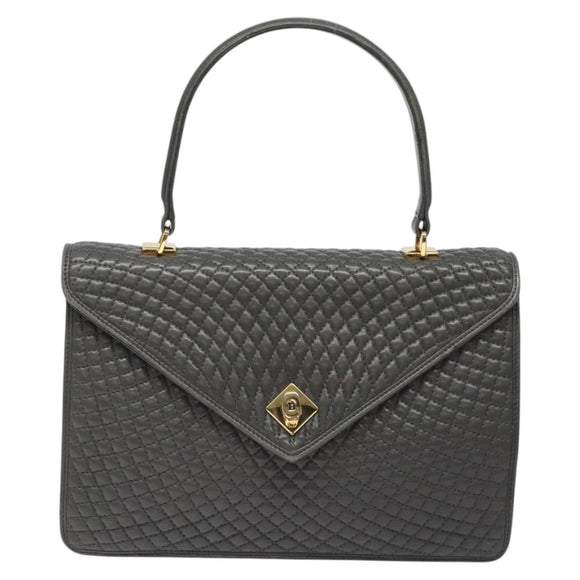 BALLY Quilted Hand Bag Leather Gray Gold Auth BA2727