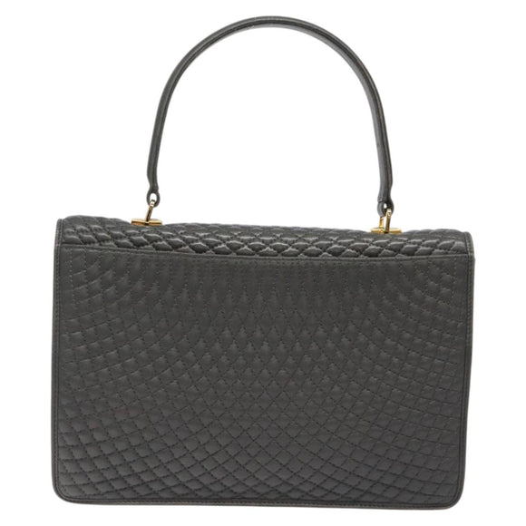 BALLY Quilted Hand Bag Leather Gray Gold Auth BA2727