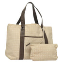 BVLGARI Logo Mania Tote Bag Canvas Leather Beige Silver Auth BA2788-1