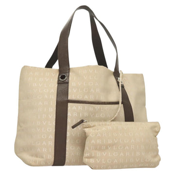 BVLGARI Logo Mania Tote Bag Canvas Leather Beige Silver Auth BA2788