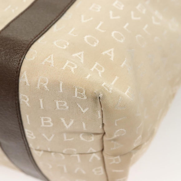 BVLGARI Logo Mania Tote Bag Canvas Leather Beige Silver Auth BA2788