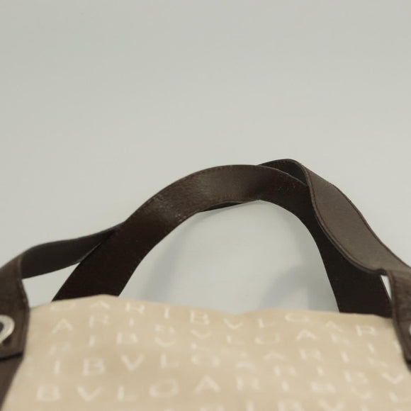 BVLGARI Logo Mania Tote Bag Canvas Leather Beige Silver Auth BA2788
