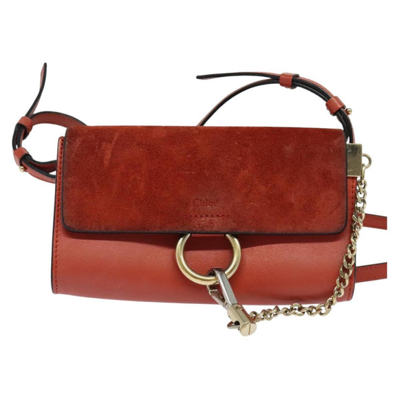 Chloe Faye Small Shoulder Bag Leather Suede Red Gold Auth BA2824