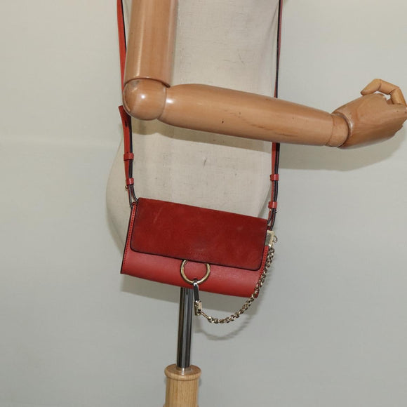 Chloe Faye Small Shoulder Bag Leather Suede Red Gold Auth BA2824