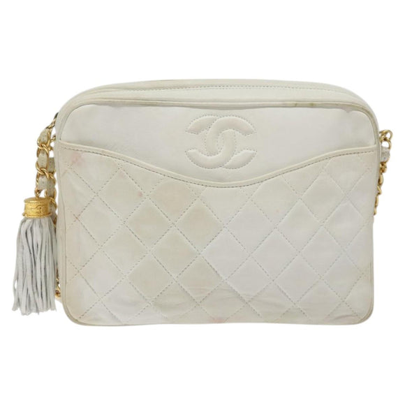 CHANEL Matelasse  Chain Shoulder Bag Lamb Skin White Gold CC Auth BA2855