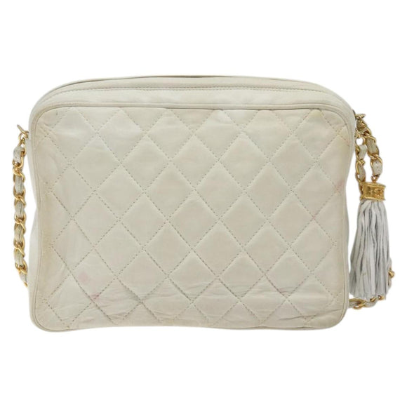 CHANEL Matelasse  Chain Shoulder Bag Lamb Skin White Gold CC Auth BA2855