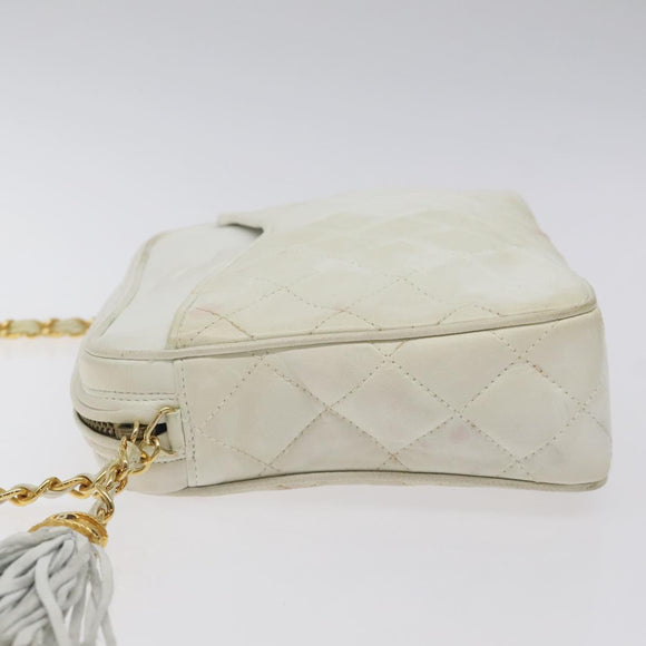 CHANEL Matelasse  Chain Shoulder Bag Lamb Skin White Gold CC Auth BA2855