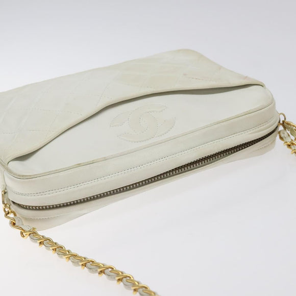 CHANEL Matelasse  Chain Shoulder Bag Lamb Skin White Gold CC Auth BA2855