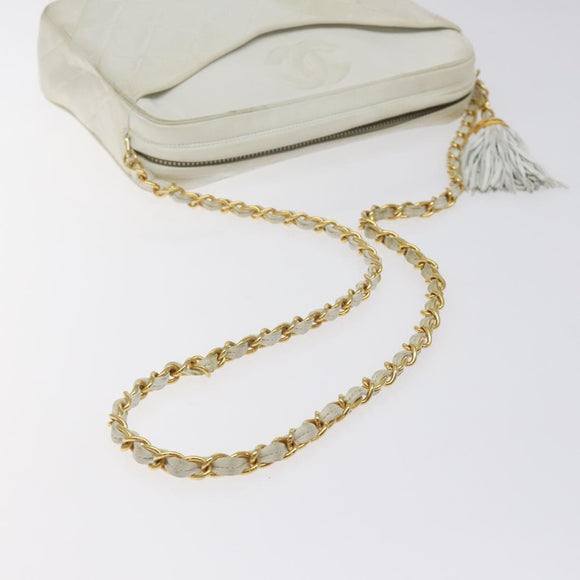 CHANEL Matelasse  Chain Shoulder Bag Lamb Skin White Gold CC Auth BA2855