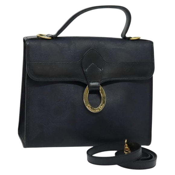 Christian Dior Trotter Canvas Handtas PVC 2-weg Marine Goud Auth BA2861