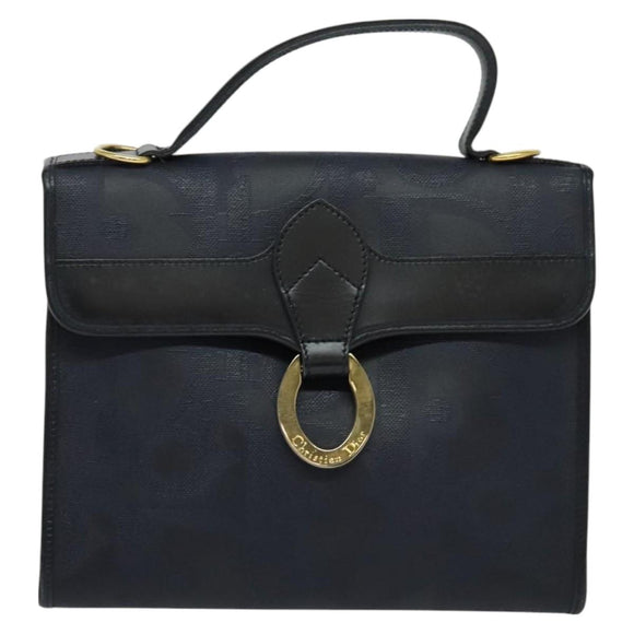 Christian Dior Trotter Canvas Hand Bag PVC 2way Navy Gold Auth BA2861