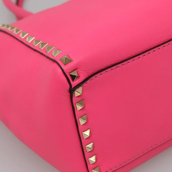 VALENTINO Rock Studs Hand Bag Leather 2way Pink Gold Auth BA2876