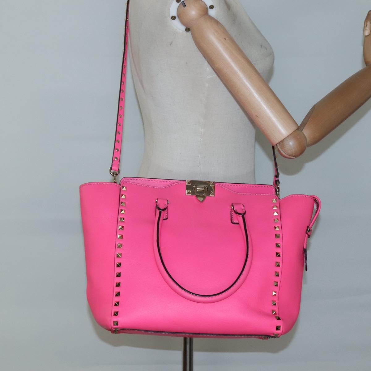 VALENTINO Rock Studs Hand Bag Leather 2way Pink Gold Auth BA2876