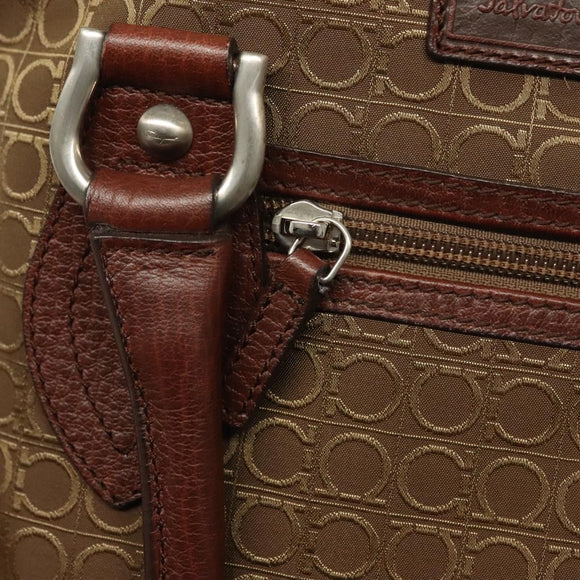 Salvatore Ferragamo Gancini Tote Bag Canvas Brown Silver Auth BA2887