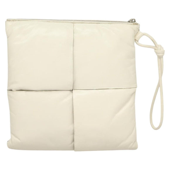 BOTTEGA VENETA MAXI INTRECCIATO Clutch Bag Leather Silver White Auth BA2892