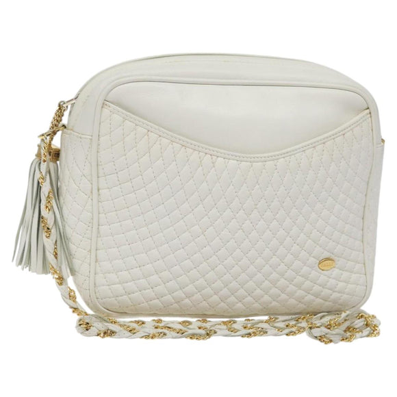 BALLY Chain Shoulder Bag Leather White Gold Auth BA2907