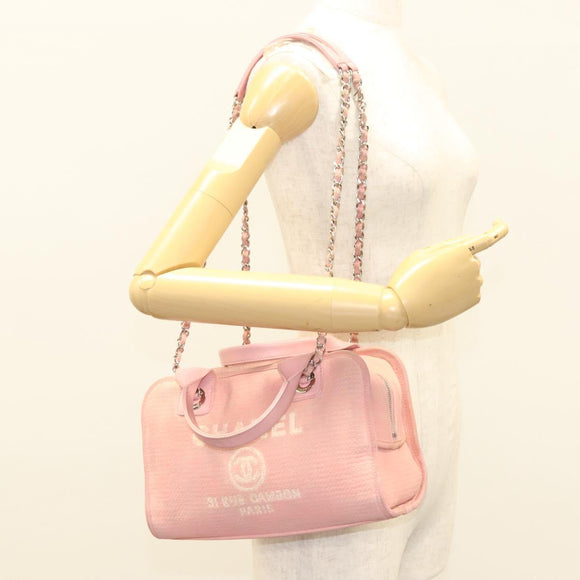 CHANEL Hand Bag Canvas Leather 2way Pink Silver CC Auth BA2930
