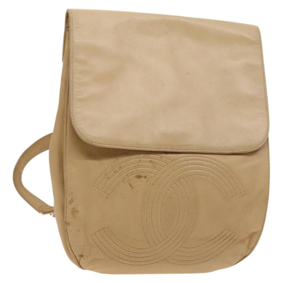 CHANEL COCO Mark Backpack Lamb Skin Beige Silver CC Auth BA2935