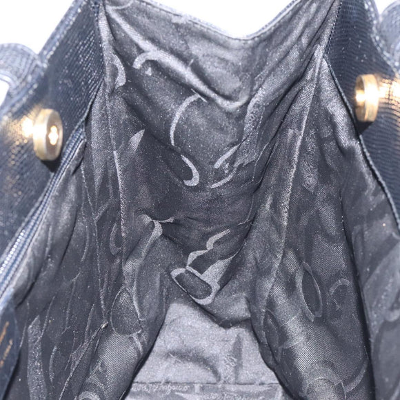 Salvatore Ferragamo Vera Tote Bag Embossed Leather Black Gold Auth BA2962