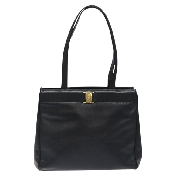 Salvatore Ferragamo Vera Tote Bag Embossed Leather Black Gold Auth BA2962